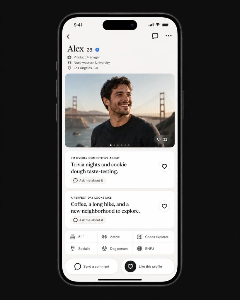 Illustrative dating profile on a smartphone — sample input for a private profile audit