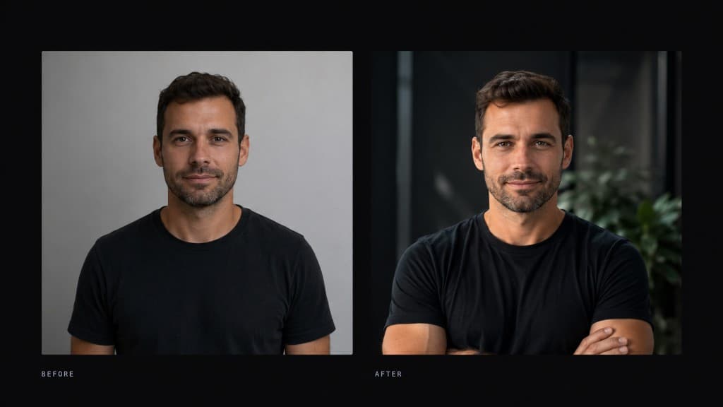 Illustrative before and after comparison: same person with improved lighting, posture, and framing